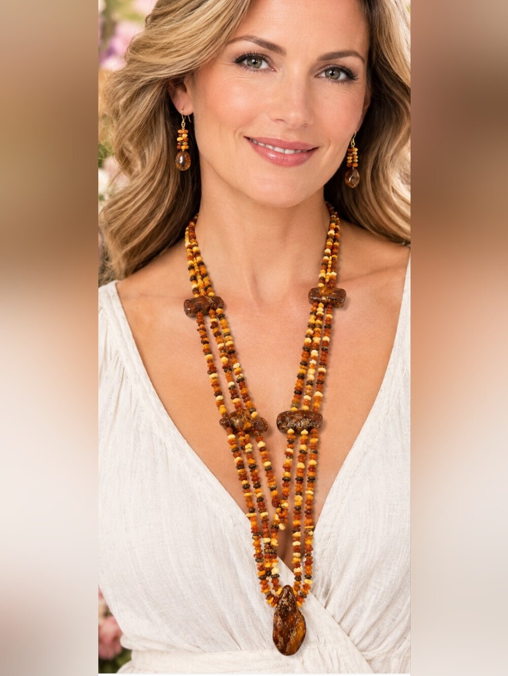 Very Long Natural Amber Multi-Strand Beaded Necklace Large Amber Nuggets